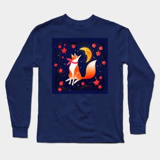 Cute fox, crescent moon and flowers, version 2 Long Sleeve T-Shirt